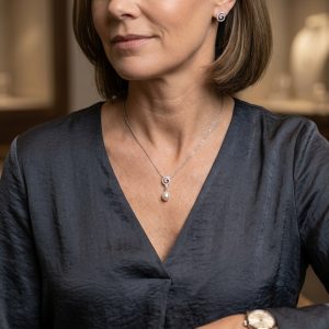 Hänge 18k vitguld med diamanter och oval pärla